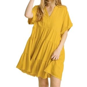 Umgee Linen Blend Tiered Dress in Lemon​